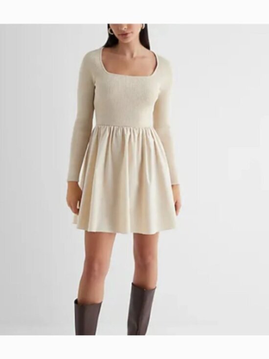 Express Dresses & Skirts - Express Ribbed Knit Scoop-Neck Dress in Ivory Size M